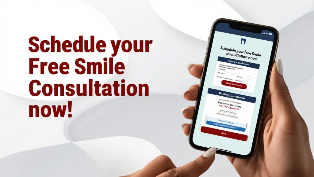 Hand holding a phone displaying a dental consultation booking confirmation